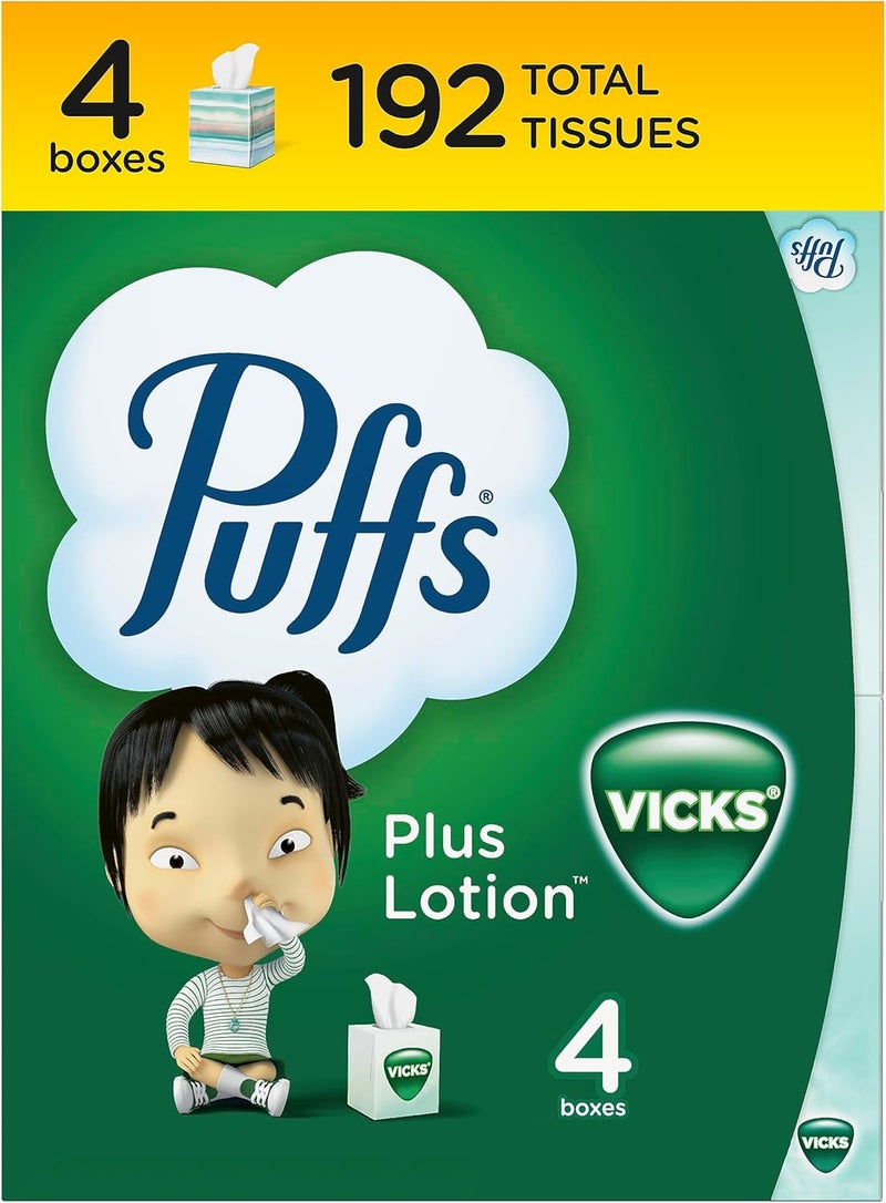 Puffs Plus Lotion with Vicks Facial Tissues, 4 Cubes, 48 Tissues per Box (192 Tissues) - Image 1